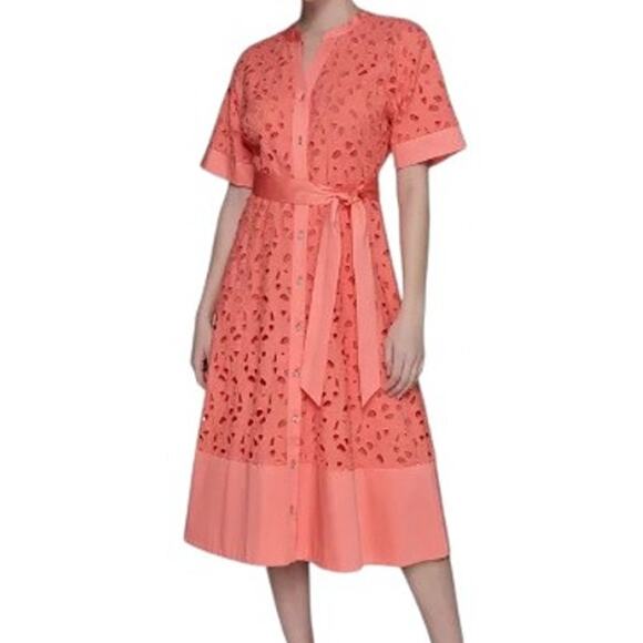 KARL LAGERFELD PARIS Women's Eyelet Cotton A-Line Shirtdress Coral Size 10P - Picture 1 of 12